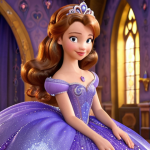 **Sofia the First's dazzling ball gown:** Sofia in her shimmering gown, with enhanced detail and vibrant colors showcasing the Blu-ray's visual upgrade, set in the magical kingdom of Enchancia.