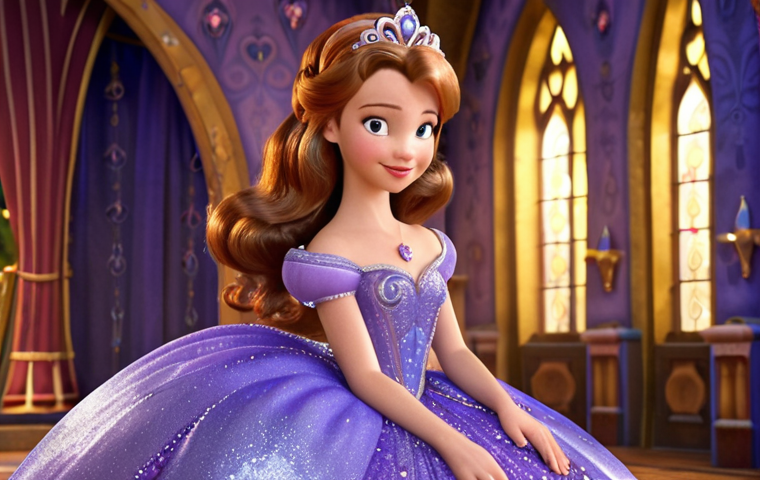 **Sofia the First's dazzling ball gown:** Sofia in her shimmering gown, with enhanced detail and vibrant colors showcasing the Blu-ray's visual upgrade, set in the magical kingdom of Enchancia.