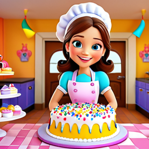 A cheerful cartoon depiction of Princess Sofia dressed as a pastry chef, decorating a colorful cake with frosting and sprinkles. The background features a bright and inviting bakery setting.