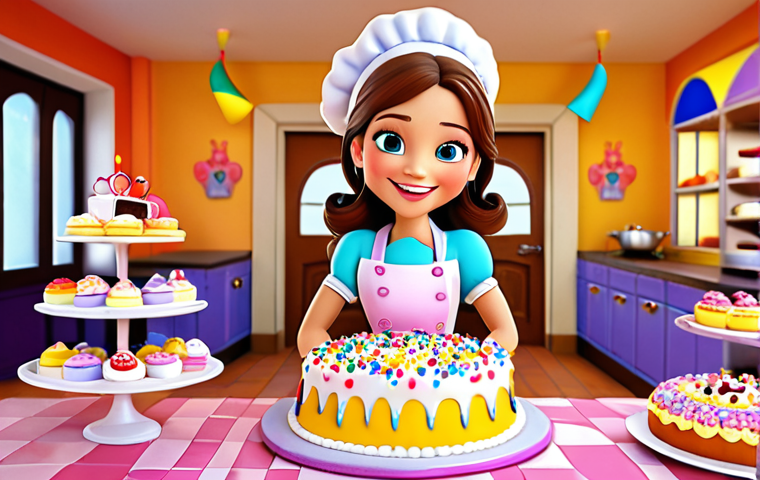A cheerful cartoon depiction of Princess Sofia dressed as a pastry chef, decorating a colorful cake with frosting and sprinkles. The background features a bright and inviting bakery setting.