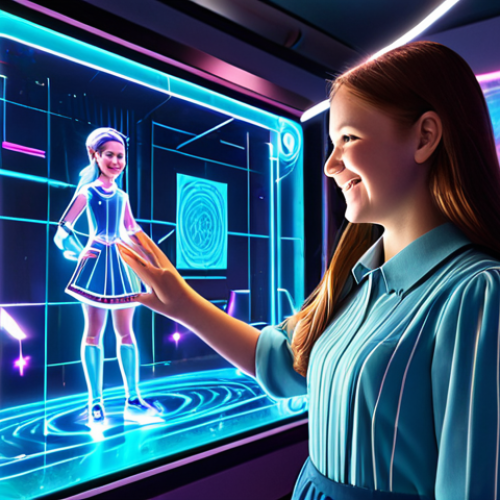 A joyful young girl, fully clothed in modest, modern attire, with a radiant smile, actively designing a magical outfit on a translucent holographic interface. She stands in a vibrant, futuristic digital magic academy, with soft, glowing magical elements around her. Beside her, a friendly, professional-looking animated character, like Sophie or Ruby, is observing and subtly interacting, fostering a sense of co-creation. The scene emphasizes creativity, technology, and imagination, with bright and inviting lighting. Perfect anatomy, correct proportions, well-formed hands, natural pose, natural body proportions. High-resolution, professional photography, safe for work, appropriate content, family-friendly.