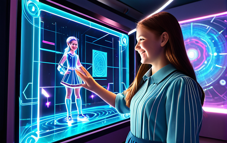 A joyful young girl, fully clothed in modest, modern attire, with a radiant smile, actively designing a magical outfit on a translucent holographic interface. She stands in a vibrant, futuristic digital magic academy, with soft, glowing magical elements around her. Beside her, a friendly, professional-looking animated character, like Sophie or Ruby, is observing and subtly interacting, fostering a sense of co-creation. The scene emphasizes creativity, technology, and imagination, with bright and inviting lighting. Perfect anatomy, correct proportions, well-formed hands, natural pose, natural body proportions. High-resolution, professional photography, safe for work, appropriate content, family-friendly.
