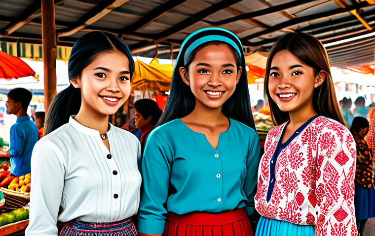 Sophie Ruby and Friends**

"A group of four diverse, teenage girls, fully clothed in modest, colorful casual clothing, standing together in a vibrant Southeast Asian marketplace. Sophie Ruby, with a bright smile, is at the center. Background shows bustling market activity with food stalls and fabrics. Safe for work, appropriate content, family-friendly, professional illustration, perfect anatomy, correct proportions, well-formed hands, proper finger count, natural body proportions, high quality."

**