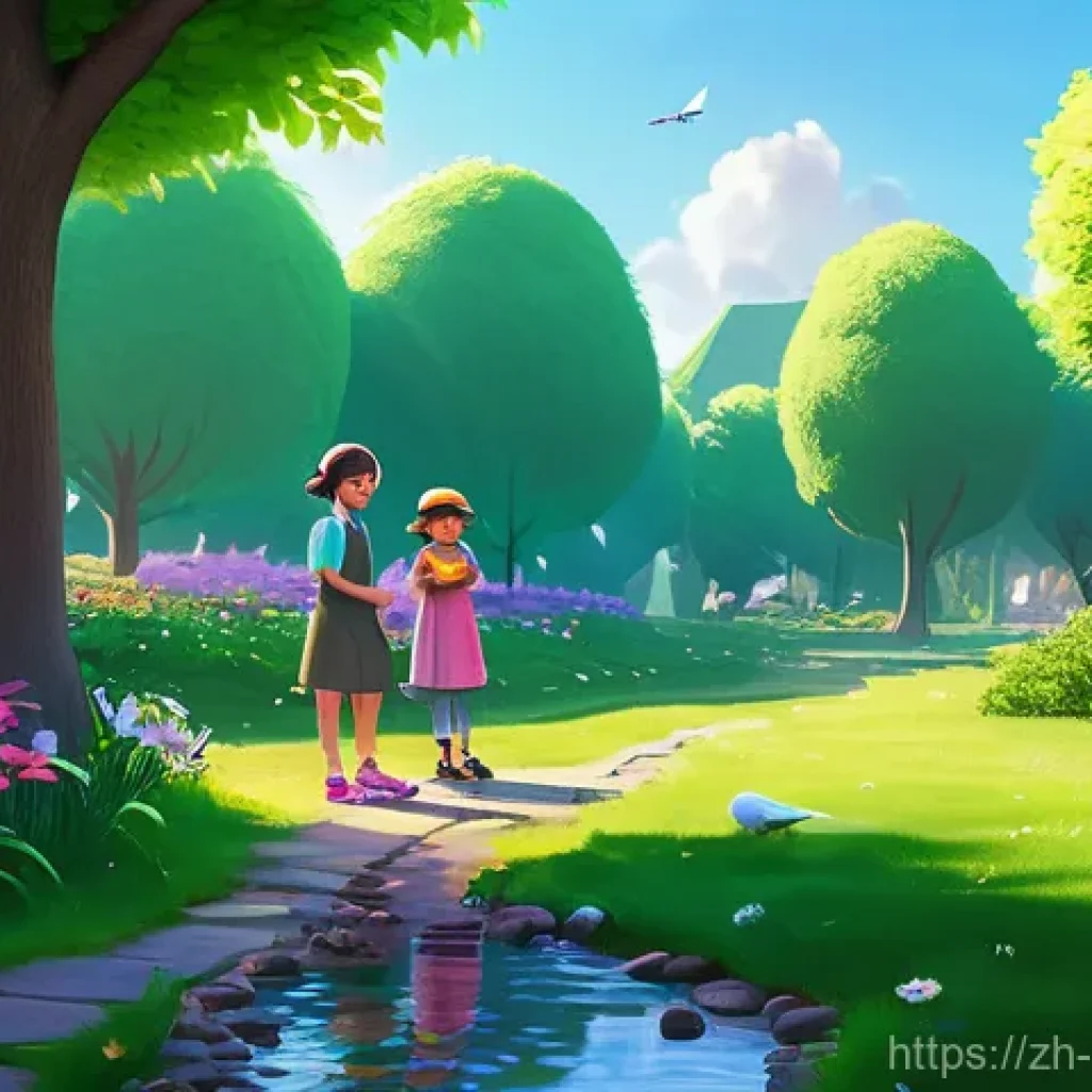 소피루비 속 환경 메시지 - An animated scene in the style of 'Sophie Ruby' showing Sophie and her friends in a lush, vibrant gr...