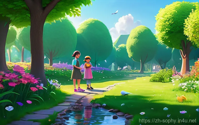 소피루비 속 환경 메시지 - An animated scene in the style of 'Sophie Ruby' showing Sophie and her friends in a lush, vibrant gr...