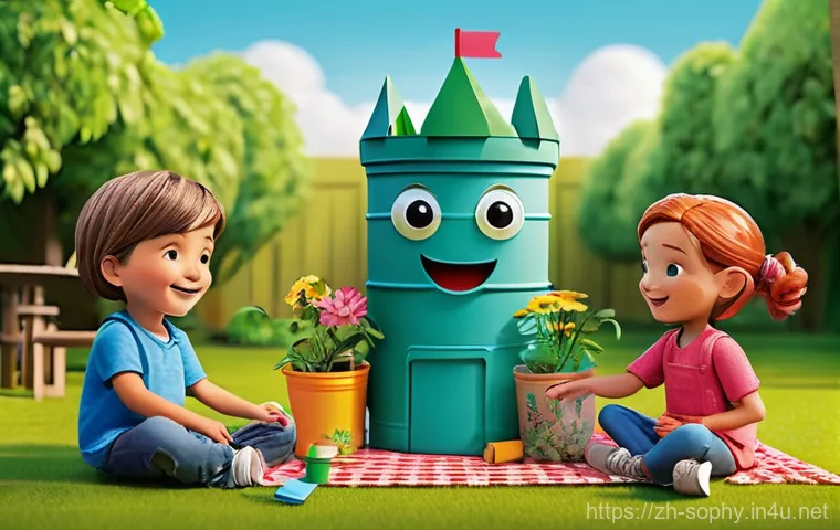 소피루비 속 환경 메시지 - An animated scene in the style of 'Sophie Ruby' showing Sophie and her friends in a lush, vibrant gr... 소피루비 속 환경 메시지 - An animated scene in the style of 'Sophie Ruby' showing Sophie and her friends in a lush, vibrant gr...