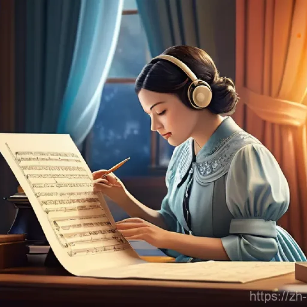 소피루비의 주제곡 작곡가 - **Prompt:** A serene and imaginative studio scene featuring a female composer, mid-30s to early 40s,...