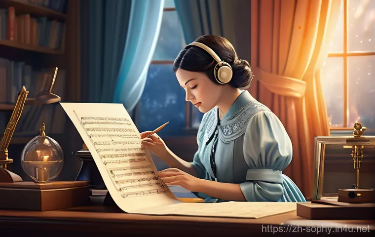 소피루비의 주제곡 작곡가 - **Prompt:** A serene and imaginative studio scene featuring a female composer, mid-30s to early 40s,...