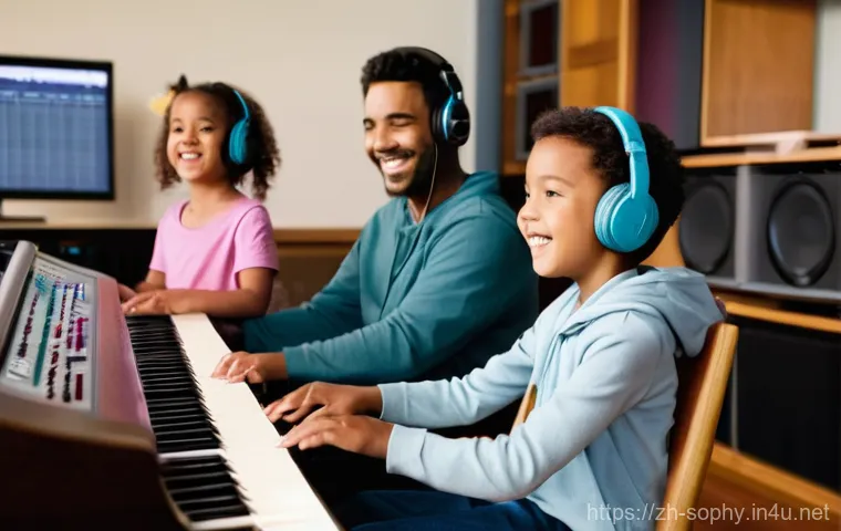 소피루비의 주제곡 작곡가 - **Prompt:** A vibrant and joyful outdoor setting, like a sunny park or a large, open playground. A d...